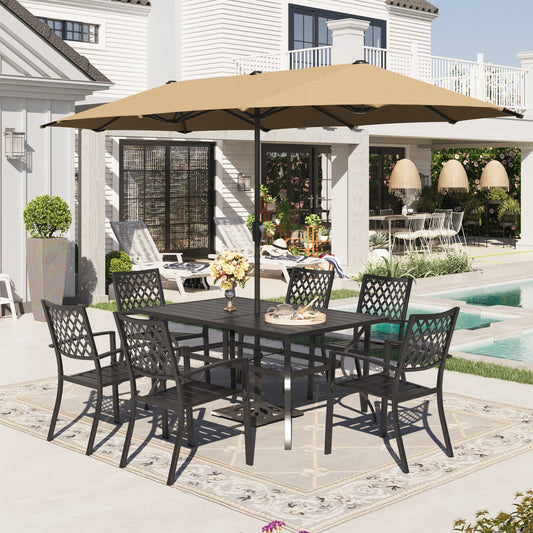 Alpha Joy 8-Piece Outdoor Patio Dining Set with 13 ft Beige Umbrella, Metal Chairs & Rectangle Table for 6