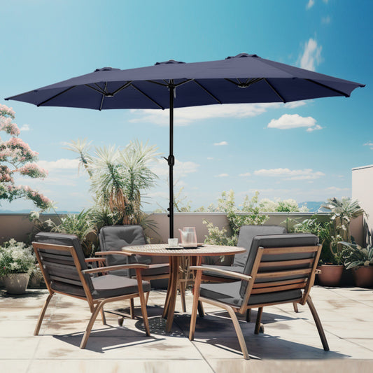 Alpha Joy 15ft Outdoor Patio Umbrella Extra-Large Double-Sided Garden Umbrella with Crank Handle and Base - Navy Blue