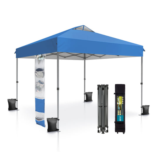 Alpha Joy 10x10ft Easy Setup Pop Up Canopy w/ 1-Button Setup, Wheeled Case, 4 Weight Bags,Storage Pocket - Blue