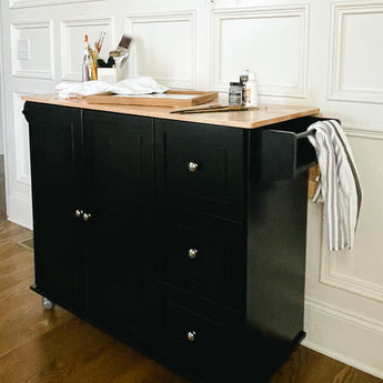 Black Rolling Kitchen Island Cart with Drop-Leaf