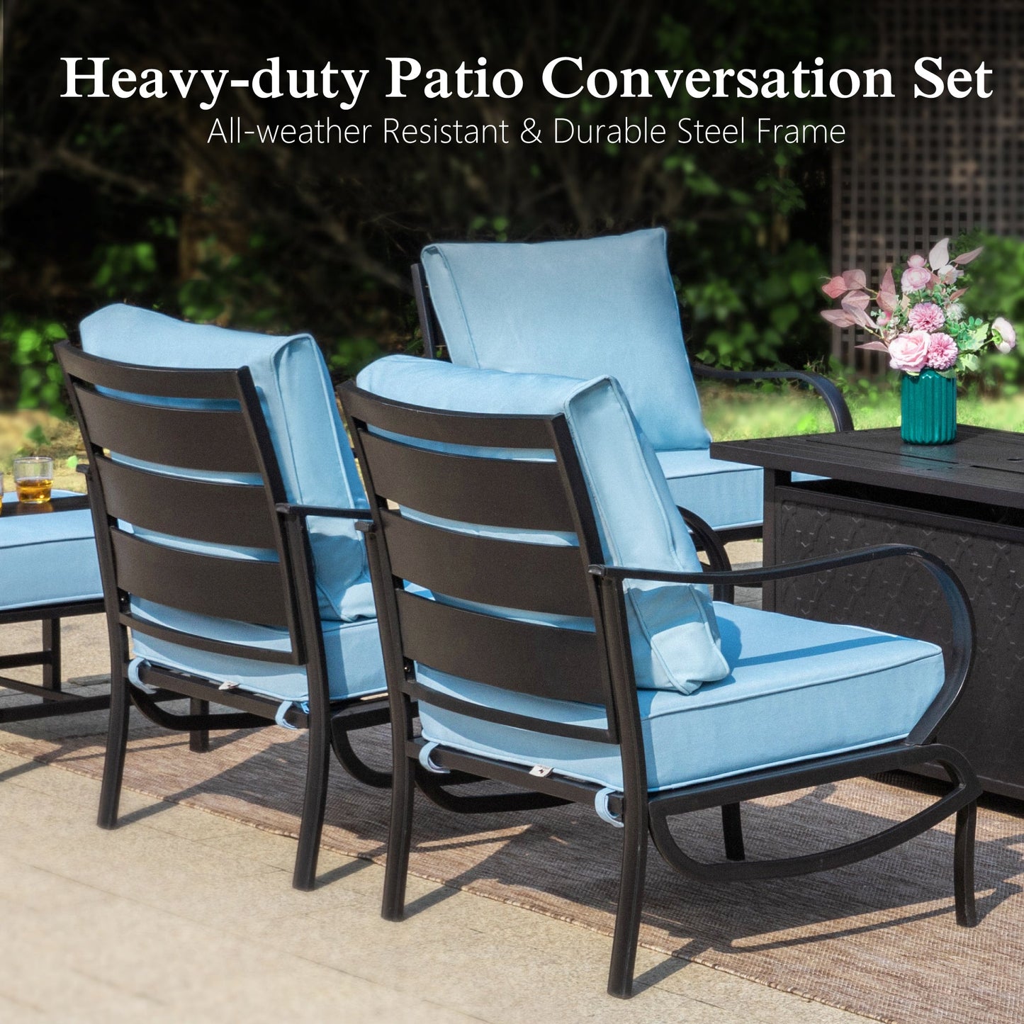 Alpha Joy 5 Piece Outdoor Patio Furniture Set Metal Conversation Set with Swivel Sofa Chairs & Ottomans, Blue