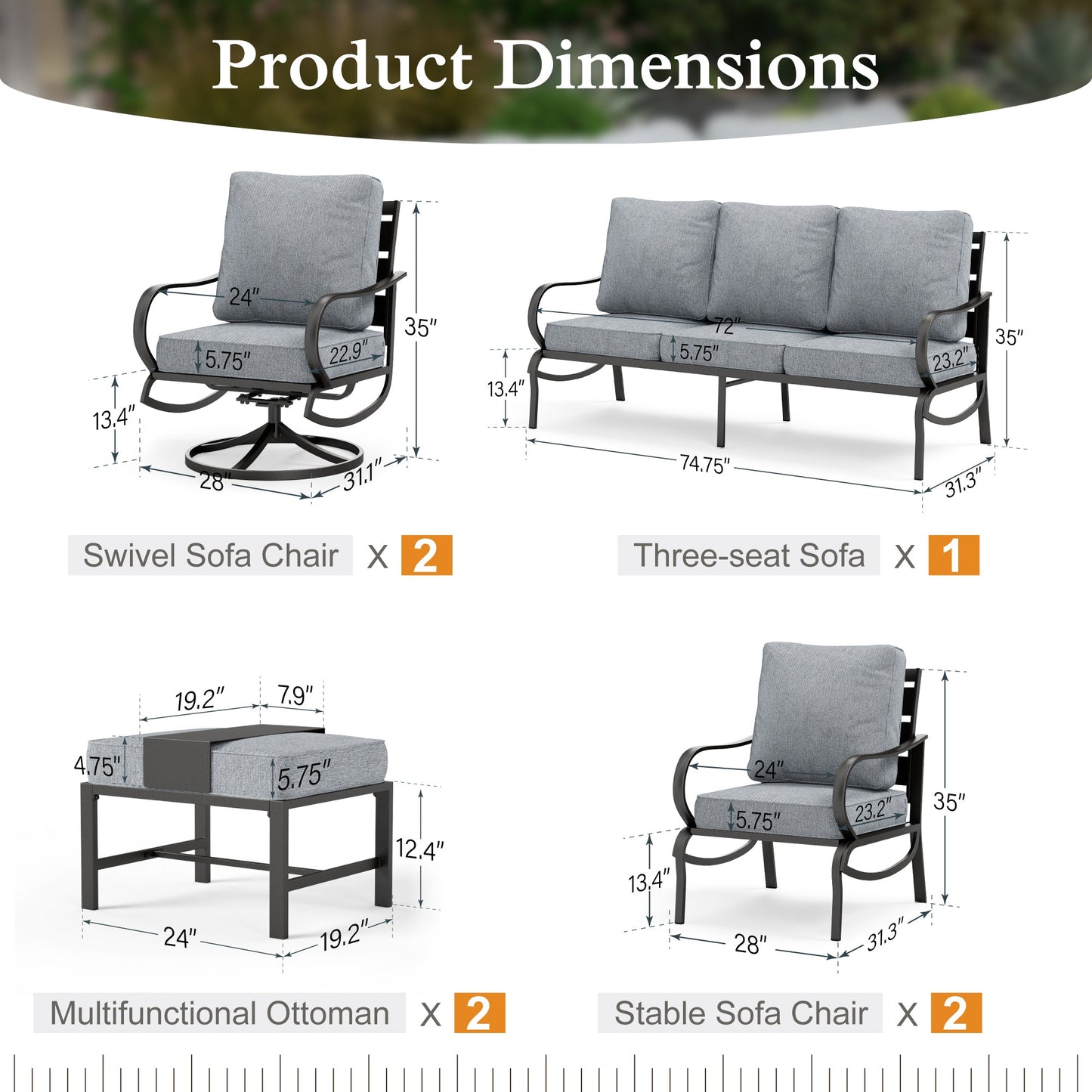 Alpha Joy 9 Seat Outdoor Patio Furniture Set Metal Conversation Set with 2 x Swivel & 2 x Fixed Sofa Chairs & 2 x Ottoman, Gray