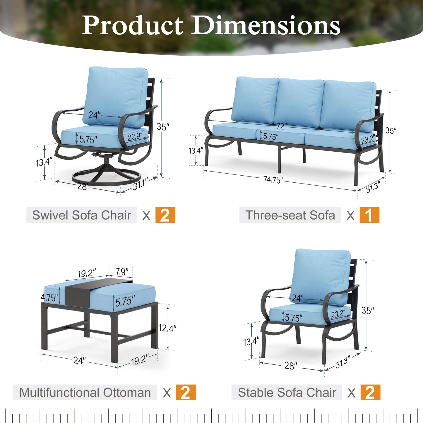 Alpha Joy 9 Seat Outdoor Patio Furniture Set Metal Conversation Set with 2 x Swivel & 2 x Fixed Sofa Chairs & 2 x Ottoman, Blue