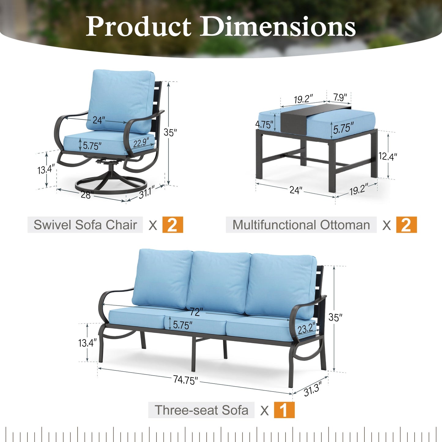 Alpha Joy 5 Piece Outdoor Patio Furniture Set Metal Conversation Set with Swivel Sofa Chairs & Ottomans, Blue