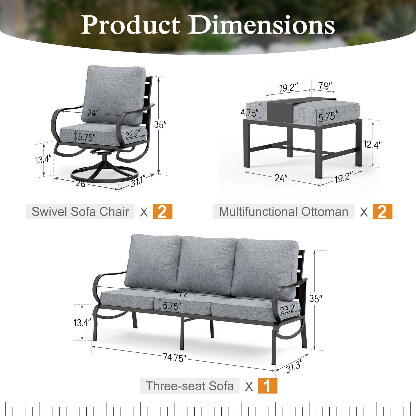 Alpha Joy 5 Piece Outdoor Patio Furniture Set Metal Conversation Set with Swivel Sofa Chairs & Ottomans, Gray