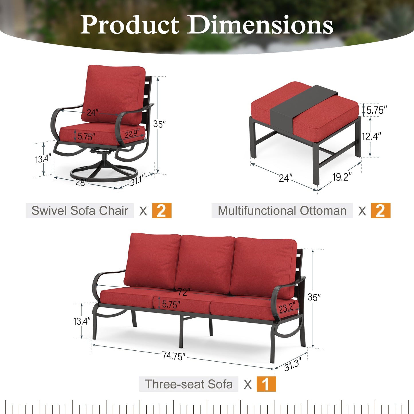 Alpha Joy 5 Piece Outdoor Patio Furniture Set Metal Conversation Set with Swivel Sofa Chairs & Ottomans, Red