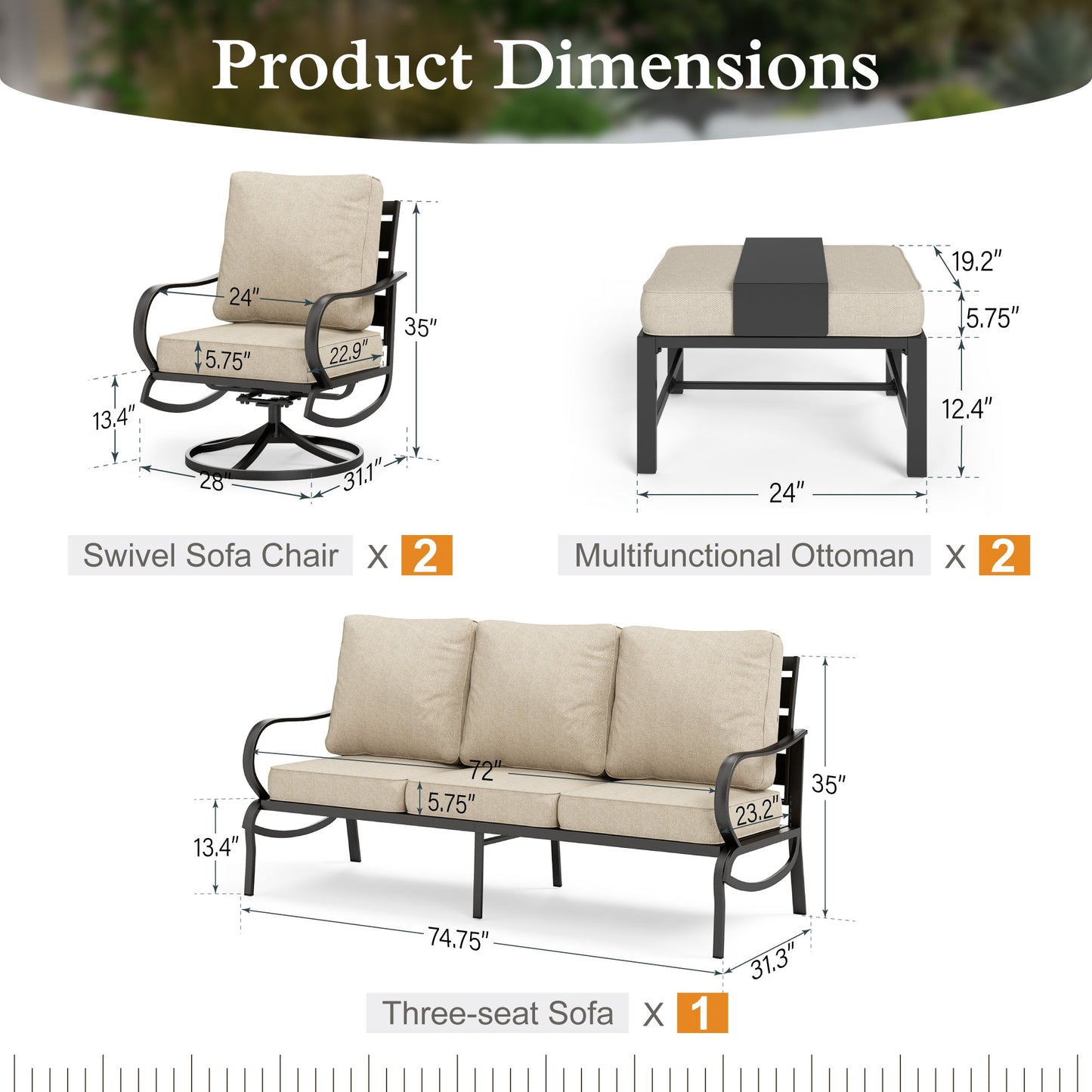 Alpha Joy 5 Piece Outdoor Patio Furniture Set Metal Conversation Set with Swivel Sofa Chairs & Ottomans, Beige