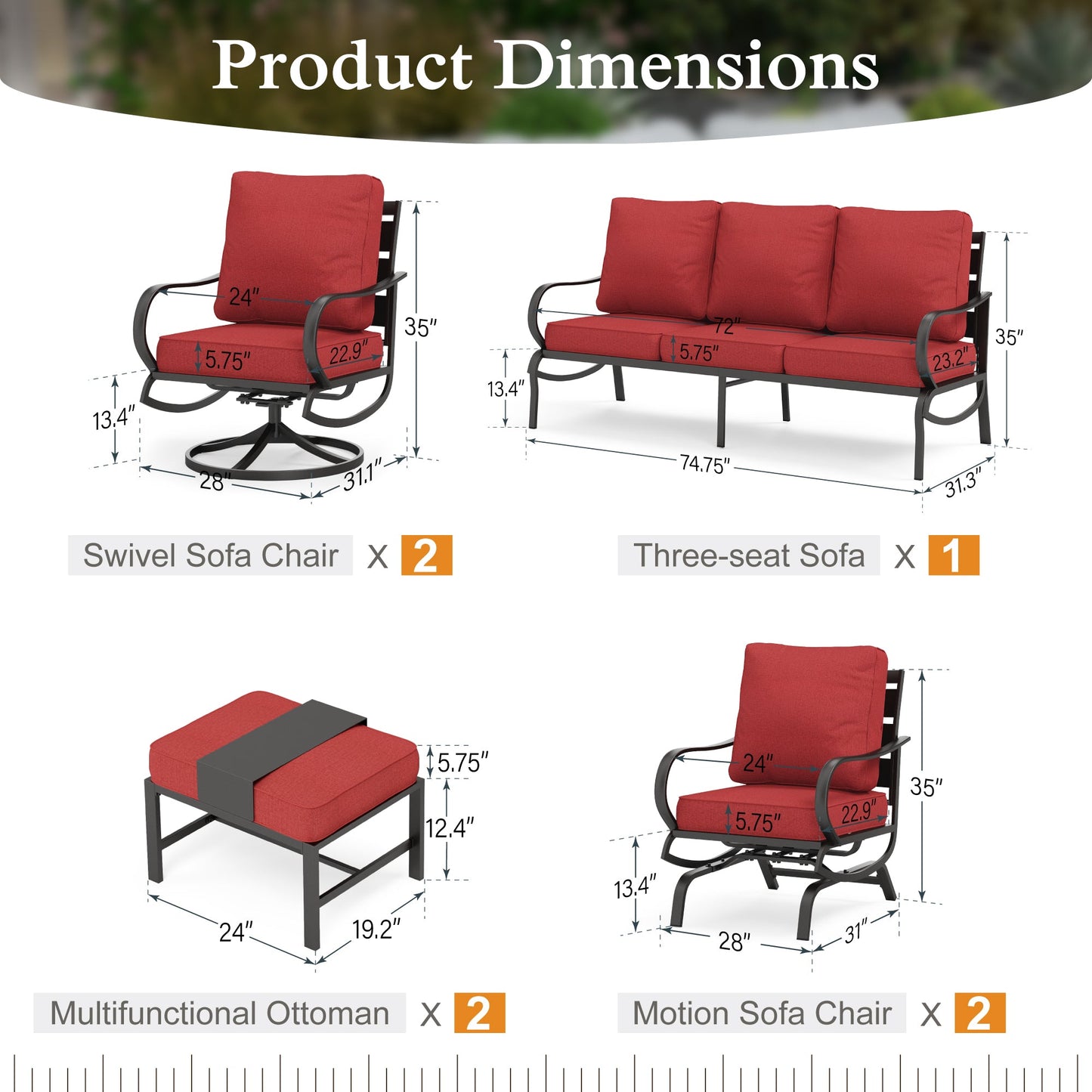 Alpha Joy 9 Seat Outdoor Patio Furniture Set Metal Conversation Set with 2 x Swivel & 2 x Fixed Sofa Chairs & 2 x Ottoman, Red