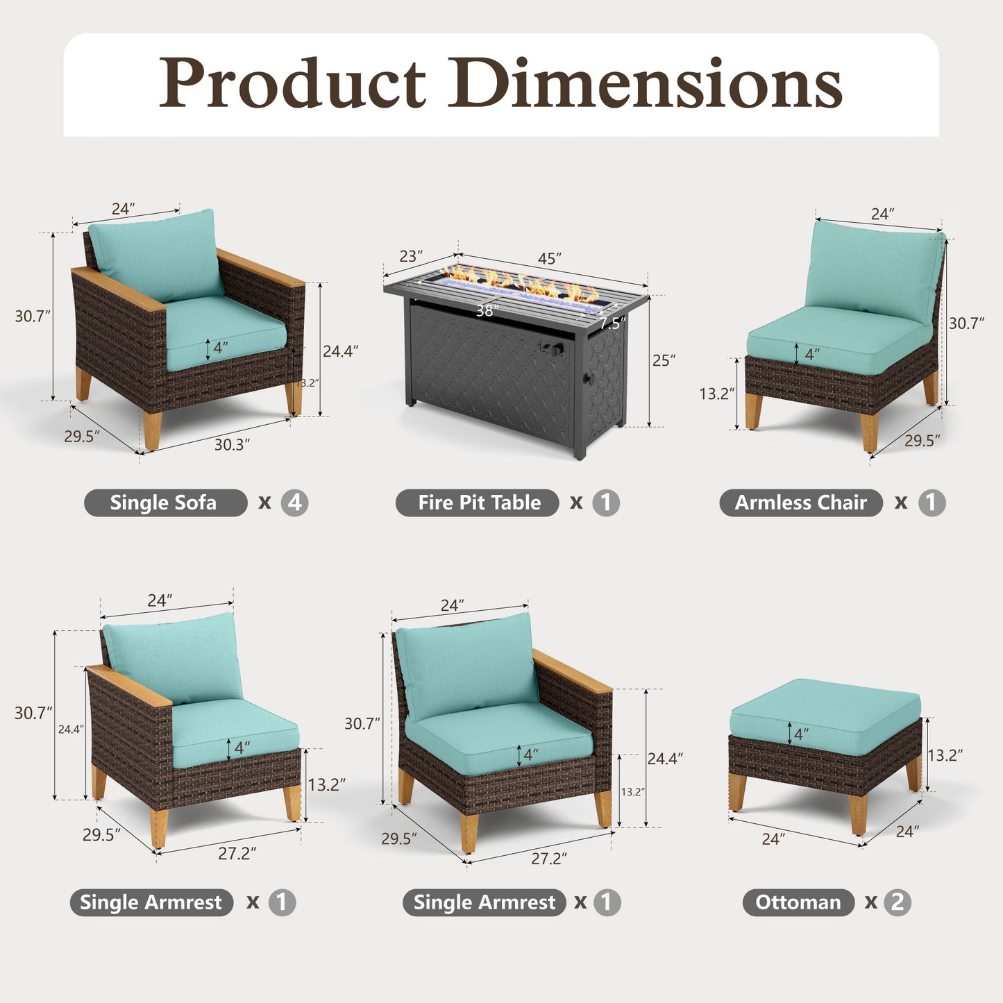 Sophia & William 10 Piece Outdoor Wicker Patio Conversation Sofa Set with Fire Pit Table, Turquoise