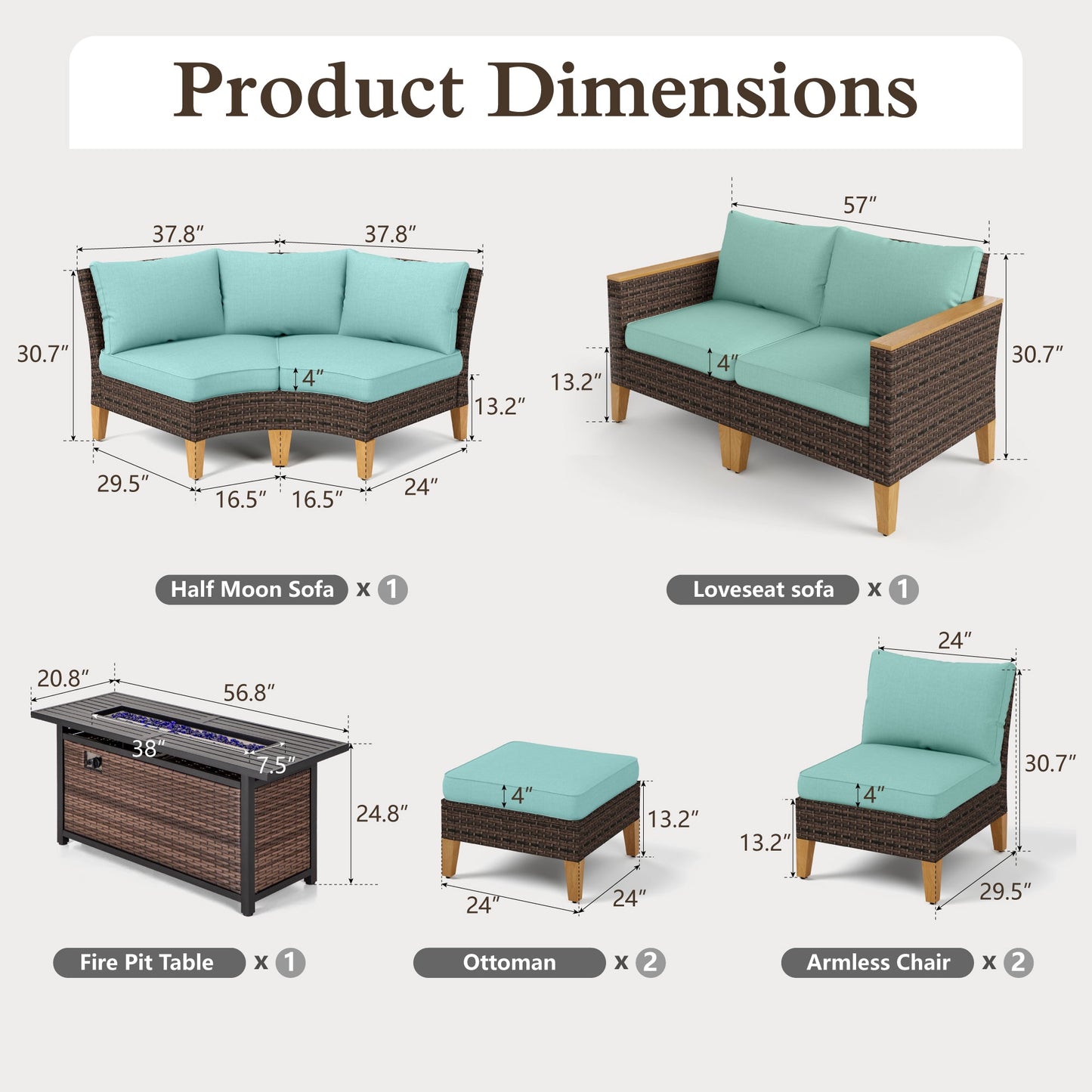 Alpha Joy 9 Pieces Outdoor Conversation Set with 56" Fire Pit Table Wicker Curved Patio Furniture, Turquoise