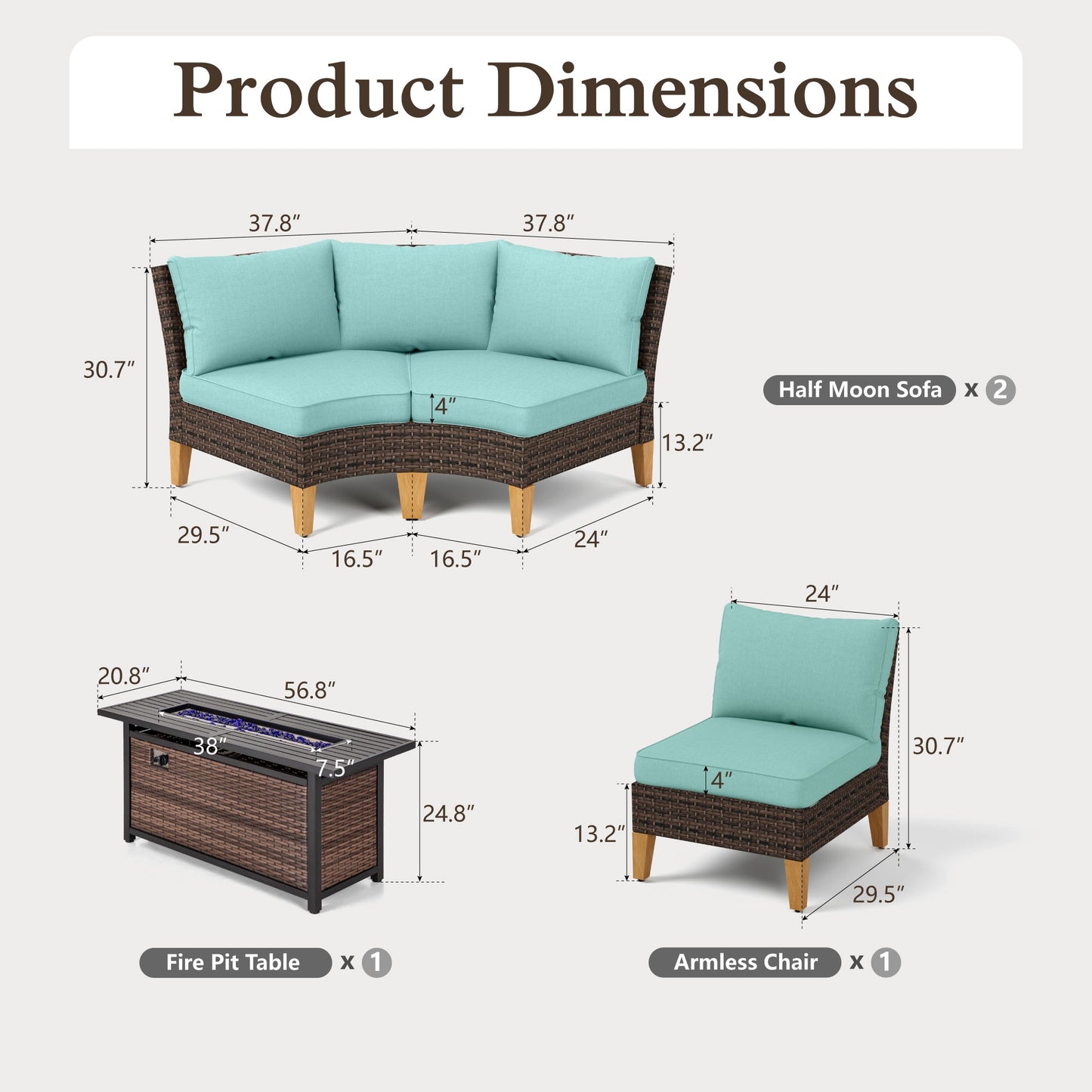 Alpha Joy 6 Pieces Outdoor Conversation Set with 56" Fire Pit Table Wicker Half-Moon Patio Furniture, Turquoise