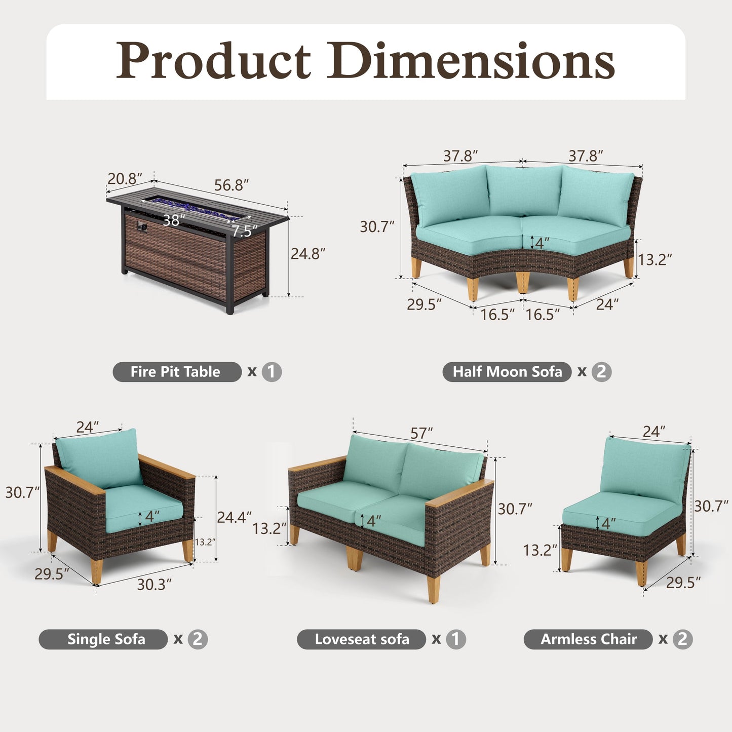 Alpha Joy 9 Pieces Wicker Outdoor Conversation Set with 56" Fire Pit Table Curved Patio Furniture Set, Turquoise