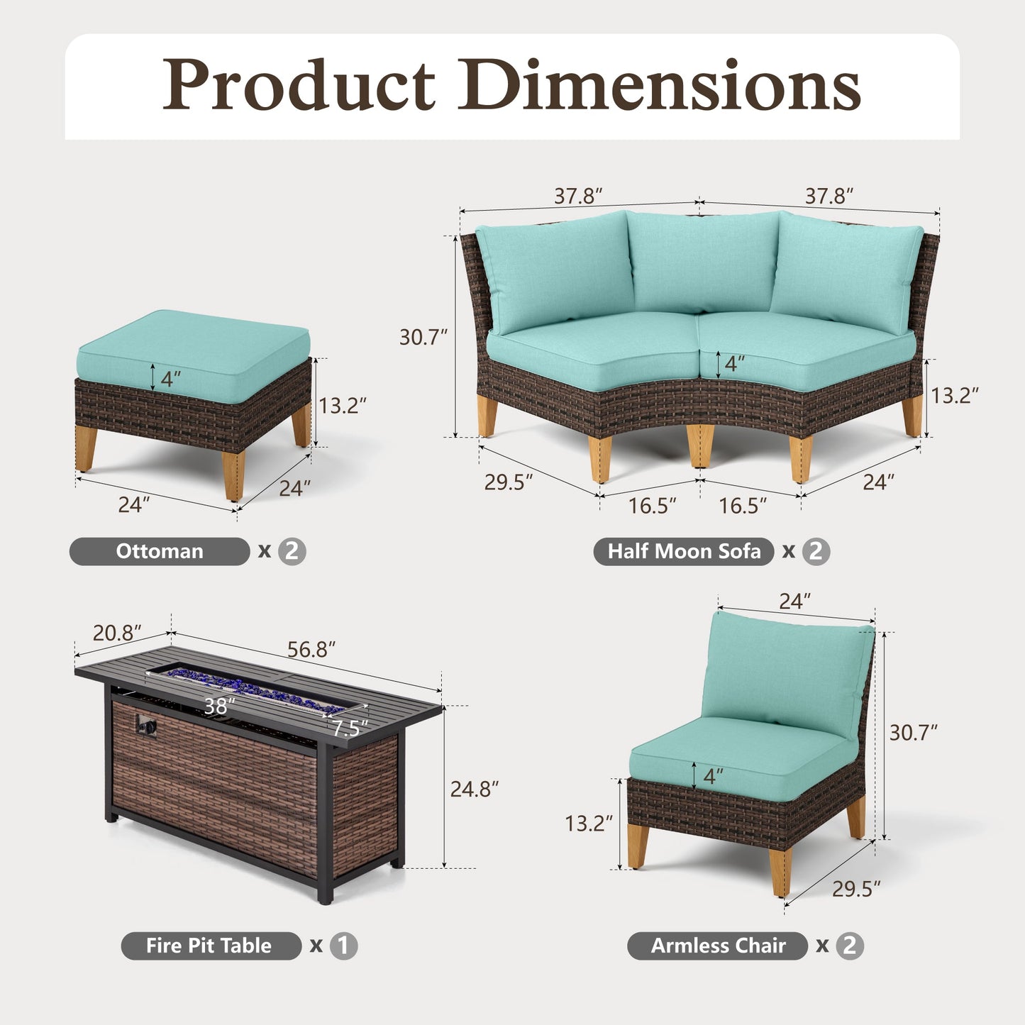 Alpha Joy 9 Pieces Outdoor Conversation Set with 56" Fire Pit Table Wicker Half-Moon Patio Furniture, Turquoise