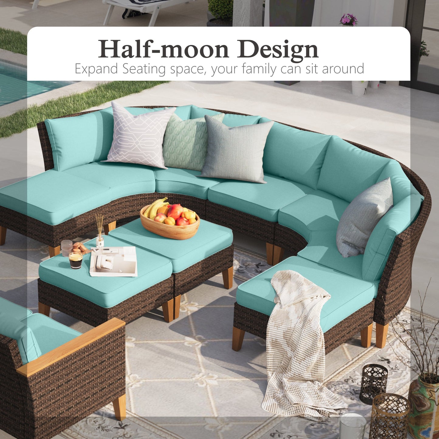 Alpha Joy 6 Pieces Outdoor Conversation Set with 56" Fire Pit Table Wicker Half-Moon Patio Furniture, Turquoise