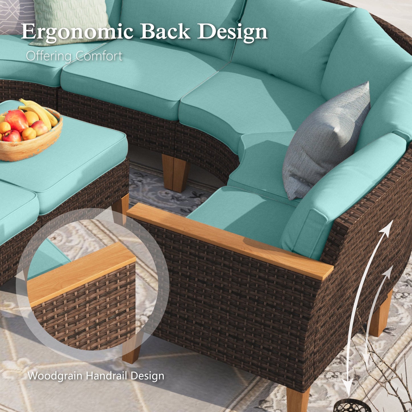 Alpha Joy 9 Pieces Outdoor Conversation Set with 56" Fire Pit Table Wicker Curved Patio Furniture, Turquoise