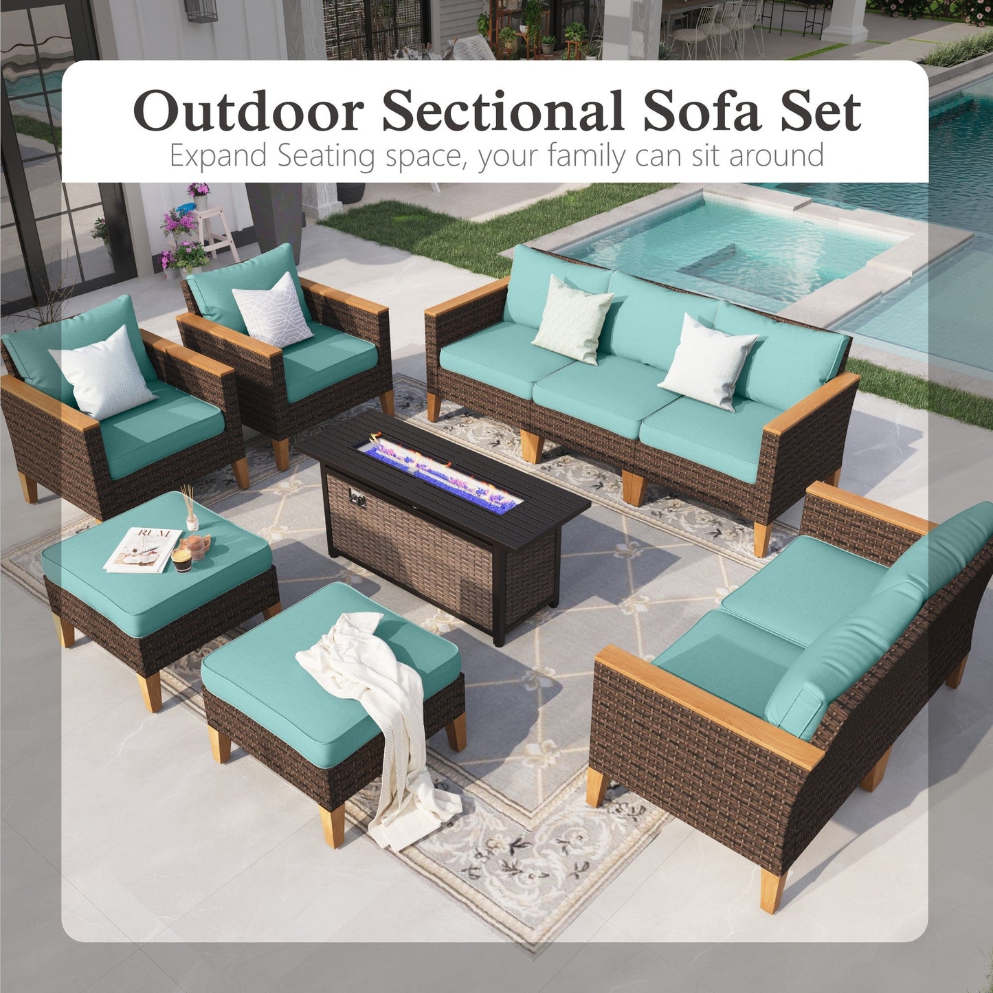 Sophia & William 9 Piece Outdoor Wicker Patio Conversation Sofa Set Outdoor Sectionals, Turquoise