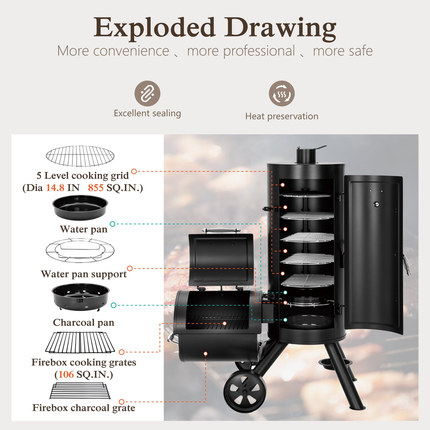 Alpha Joy Vertical Charcoal Grill with Offset Smoker 961 Square Inches Extra Large BBQ