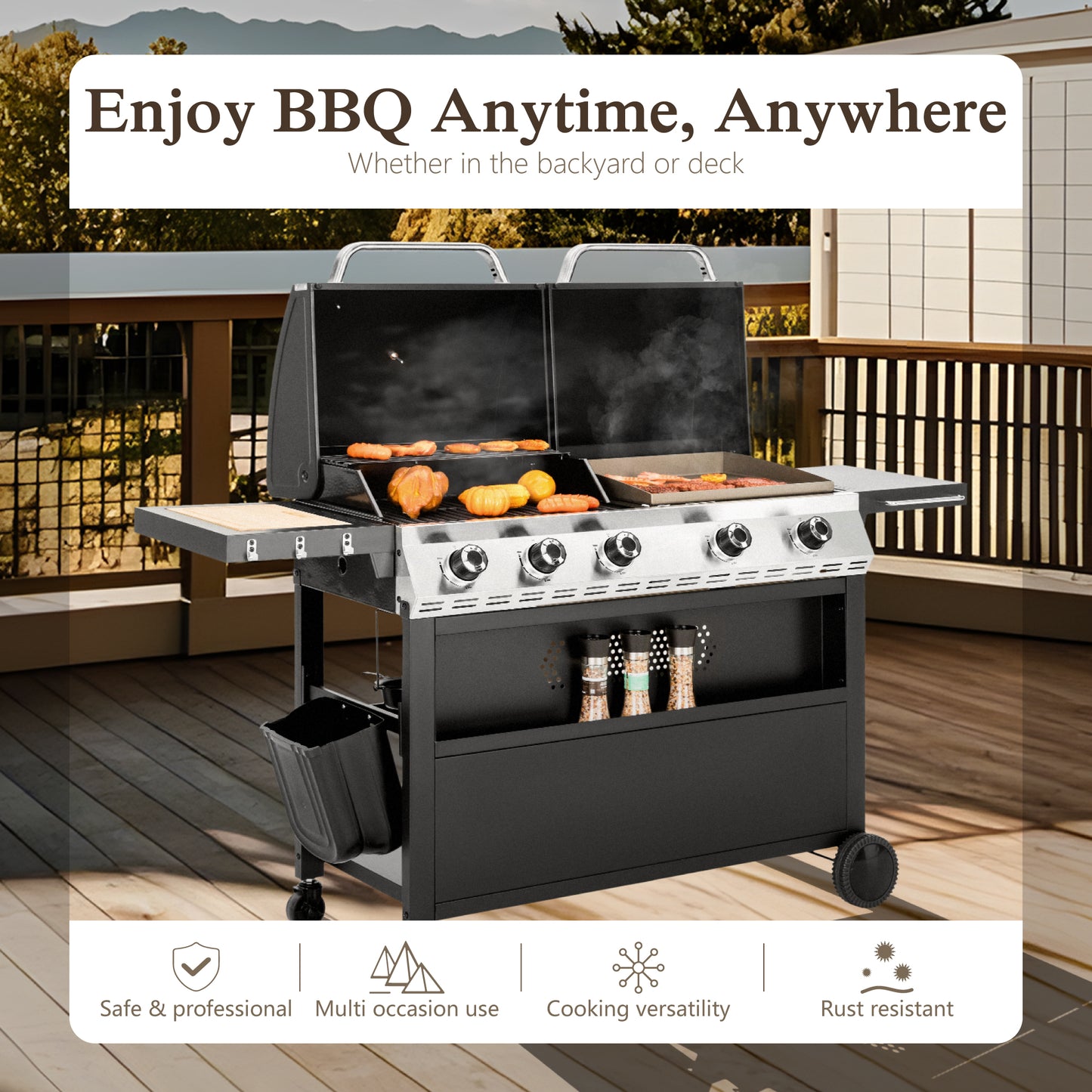 Alpha Joy 5-Burner Propane Gas Grill and Griddle Combo with Lids Total 54,000 BTU