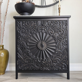 Black Floral Carved Accent Cabinet