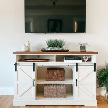 Elegant Farmhouse TV Stand Cabinet with Sliding Barn Doors