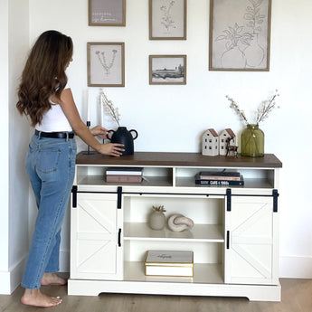 Elegant Farmhouse TV Stand Cabinet with Sliding Barn Doors