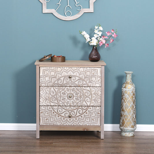 Sophia & William 3 Drawers Distressed Storage Cabinet with Embossed Medallion