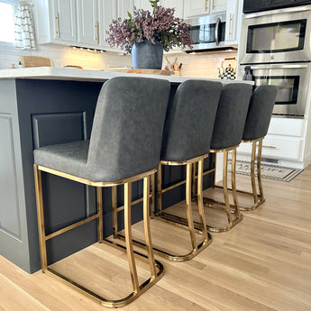 Stylish PU Leather Dining Room Bar Stools with Gold Metal Frame, Grey