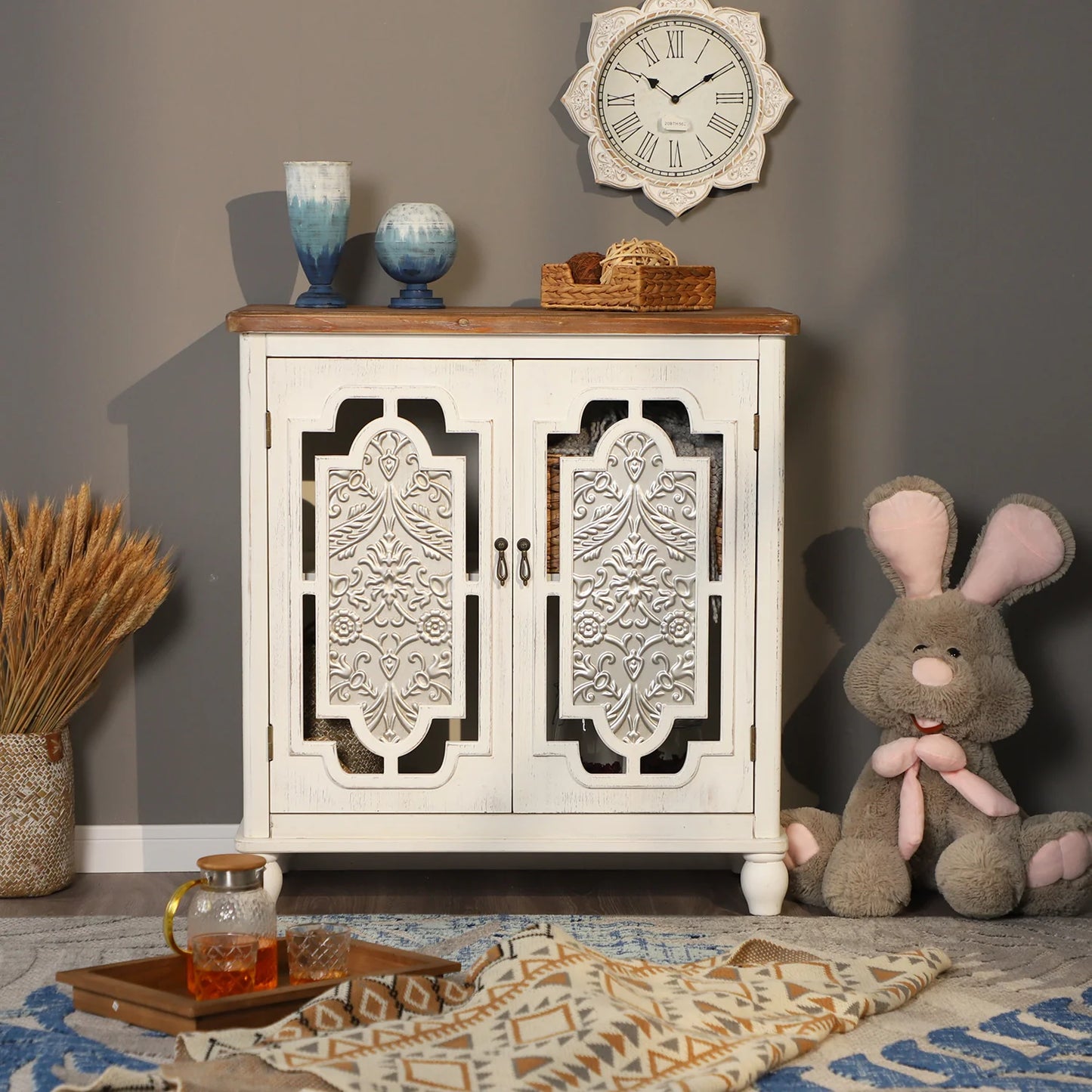 Sophia & William 2-Door Accent Storage Distressed Cabinet with Wood Frame and Iron Embossed Painted Door