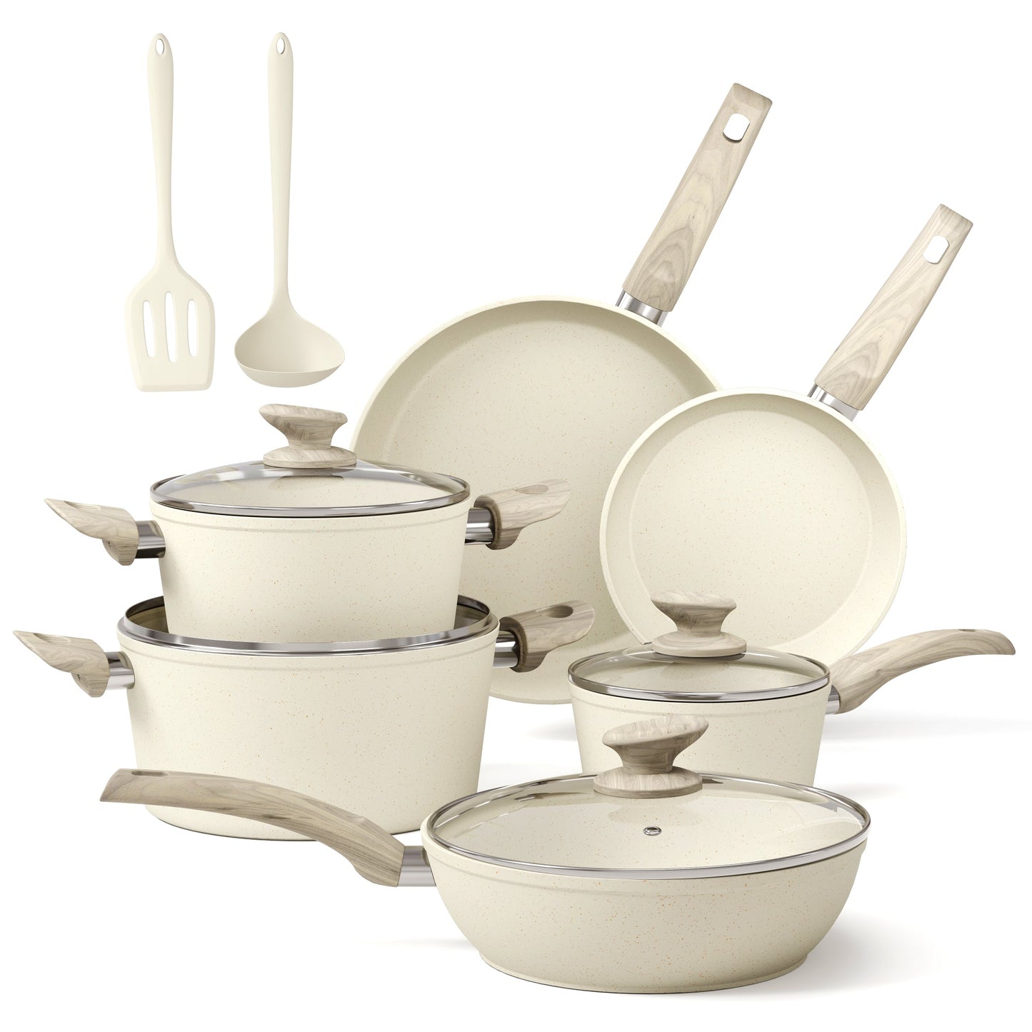 Sophia & William 12 Pieces Kitchen Nonstick Granite-Coated Cookware Set - Beige