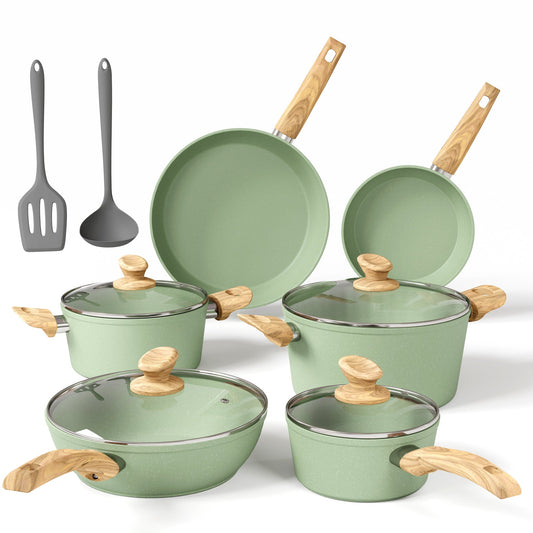 Sophia & William 12 Pieces Kitchen Nonstick Granite-Coated Cookware Set - Green