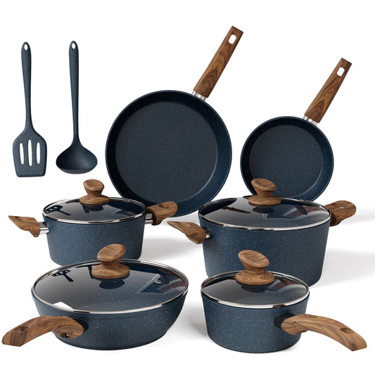 Sophia & William 12 Pieces Kitchen Nonstick Granite-Coated Cookware Set - Blue