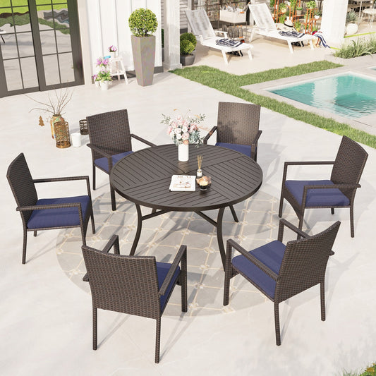 Sophia & William 7 Pieces Outdoor Patio Dining Set Large Round Metal Table with Umbrella Hole & Wicker Rattan Chairs Set for 6, Black & Navy Blue