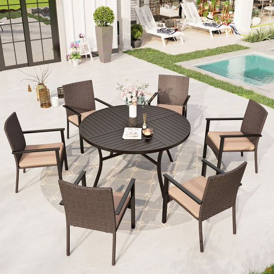 Sophia & William 7 Pieces Outdoor Patio Dining Set with 1Pc Large Round Metal Table & 6Pcs Cushioned Wicker Rattan Chairs for 6, Black & Beige