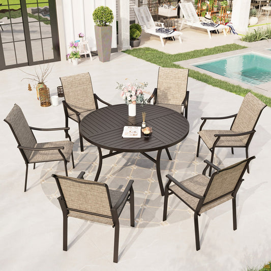 Sophia & William 7 Pieces Outdoor Patio Dining Set with Textilene Chairs & Large Round Metal Table for 6-person, Black & Grayish-brown