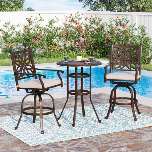 Sophia & William 3 Piece Cast Aluminum Outdoor Bar Set 2 Swivel Bar Stools with Cushion and 1 Round Patio Bar Table