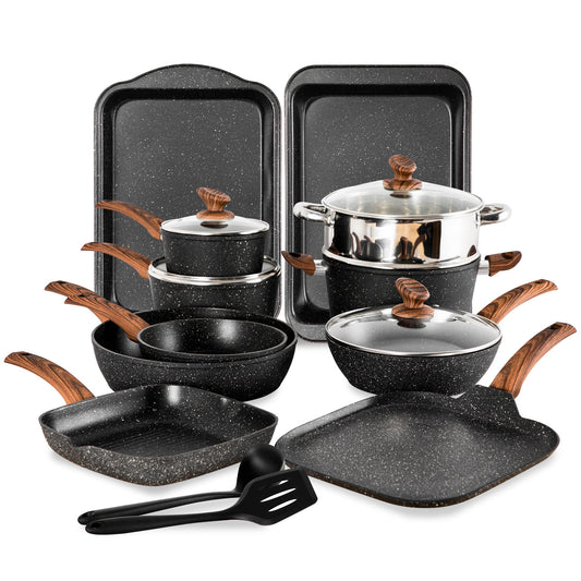 Sophia & William 17 Pieces Cookware & Bakeware Set Granite Non-stick Aluminum Pots and Pans, Black