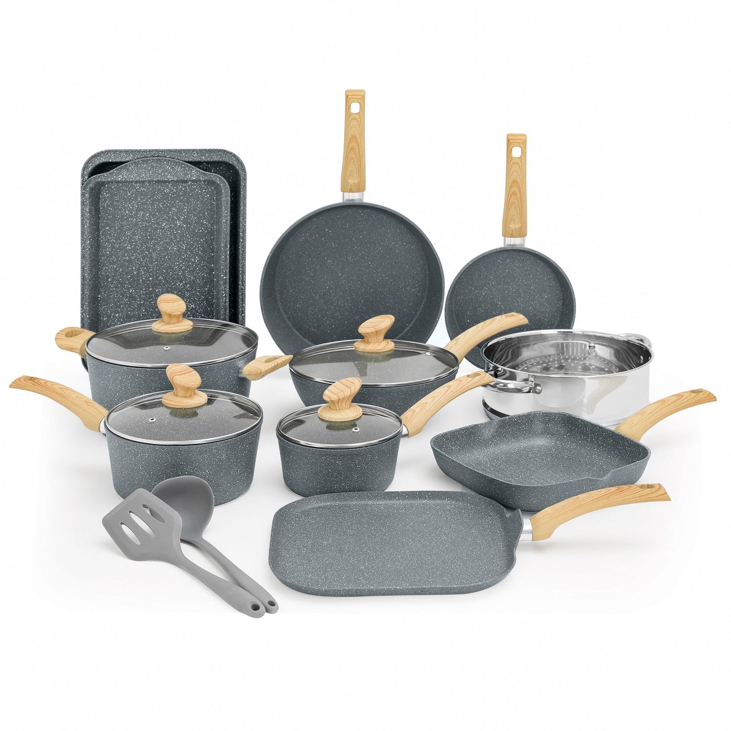 Sophia & William 17 Pieces Cookware & Bakeware Set Granite Non-stick Aluminum Pots and Pans, Blue Gray