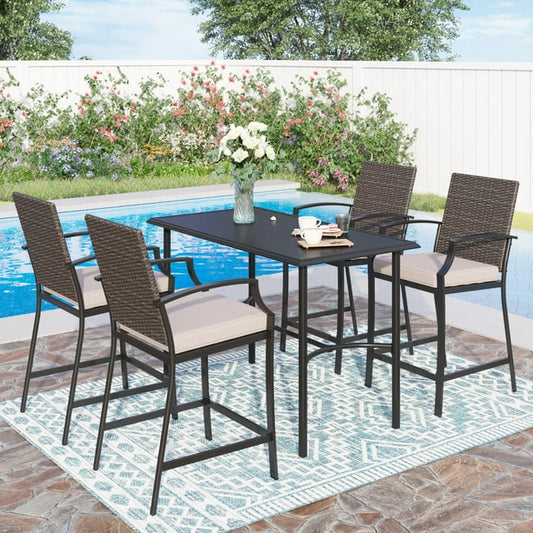 Sophia & William 5 Piece Patio Outdoor Wicker Bar Set Furniture Set with Rattan Cushioned Chairs and Table