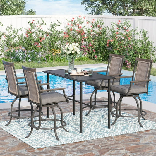 Sophia & William 5 Pieces Swivel Bar Set Rattan Backrest and Padded Cushion Bar Chair & Rectangular Metal Table