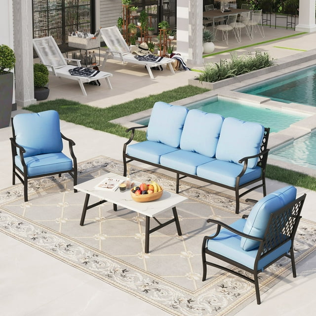 Sophia&William 5 Seat Patio Conversation Set Outdoor Sofa Chairs and Marble Table Furniture Set, Blue