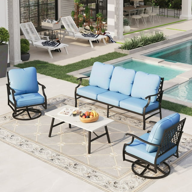 Sophia&William 5 Seat Patio Conversation Set Outdoor Swivel Chairs and Marble Table Furniture Set, Blue