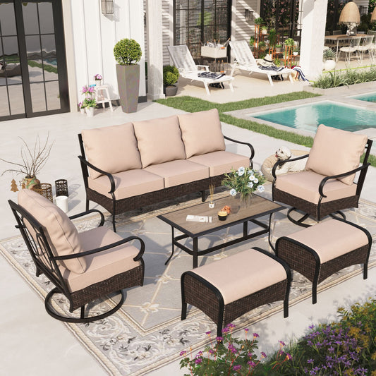 6 Piece Metal Patio Furniture Outdoor Conversation Set Swivel Sofa with Beige Cushions