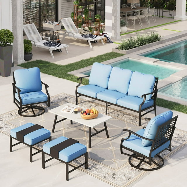 Sophia&William 6 Piece Patio Conversation Set Outdoor Table and Swivel Chairs Furniture Sets with 2 Ottomans, Blue