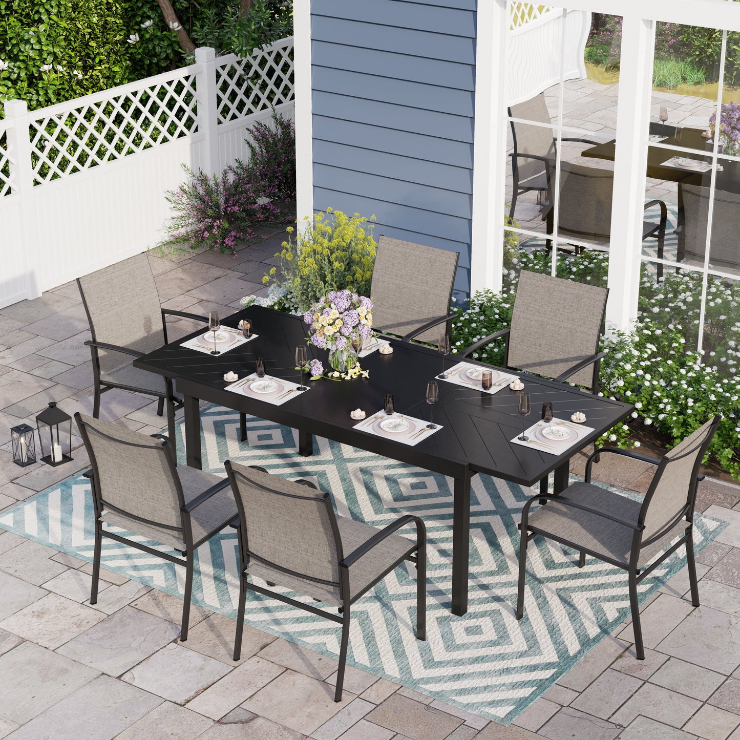 7 Piece Patio Metal Dining Set Extendable Table and 6 Brown Textilene Chairs