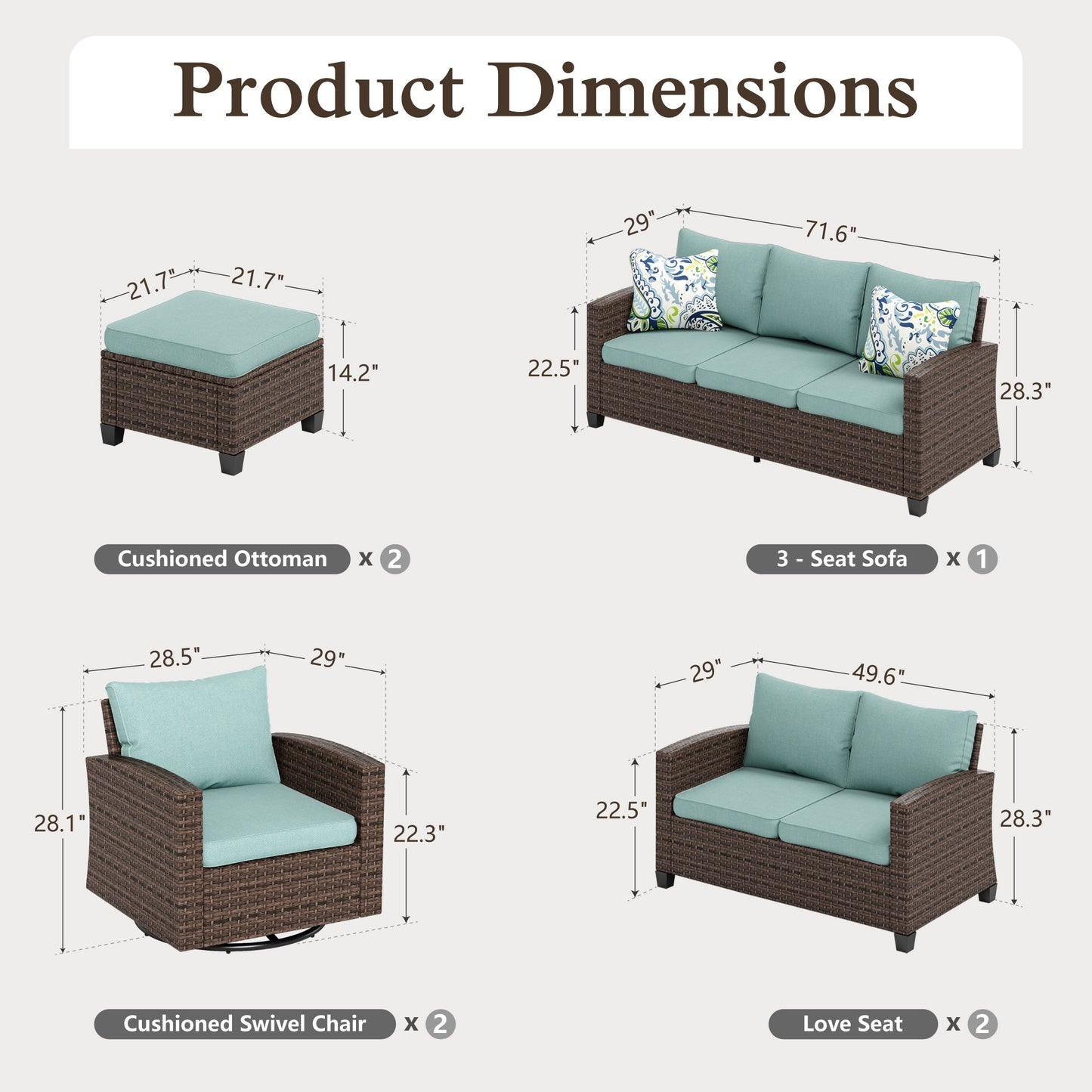 Sophia & William 6 Pieces Wicker Patio Furniture Set 9-Seat Outdoor Conversation Set with Swivel Chairs, Blue