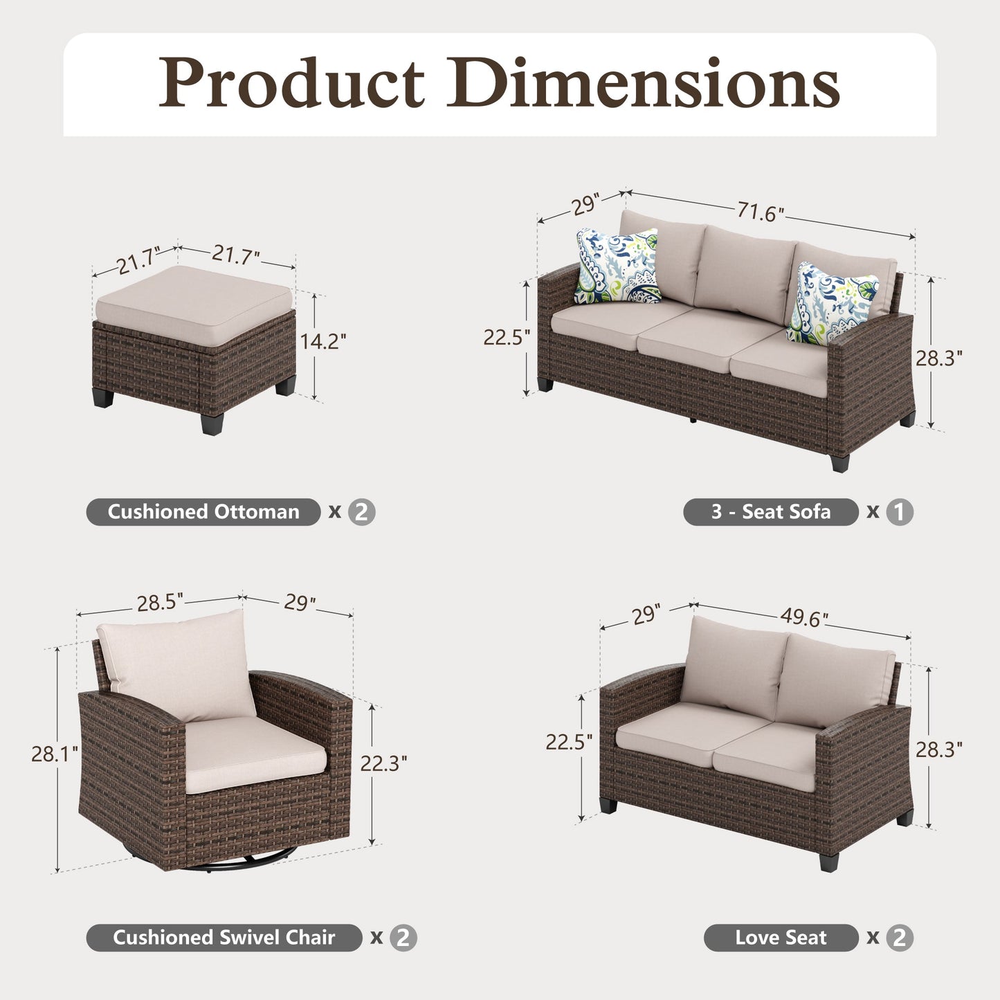 Sophia & William 6 Pieces Wicker Patio Furniture Set 9-Seat Outdoor Conversation Set with Swivel Chairs, Beige