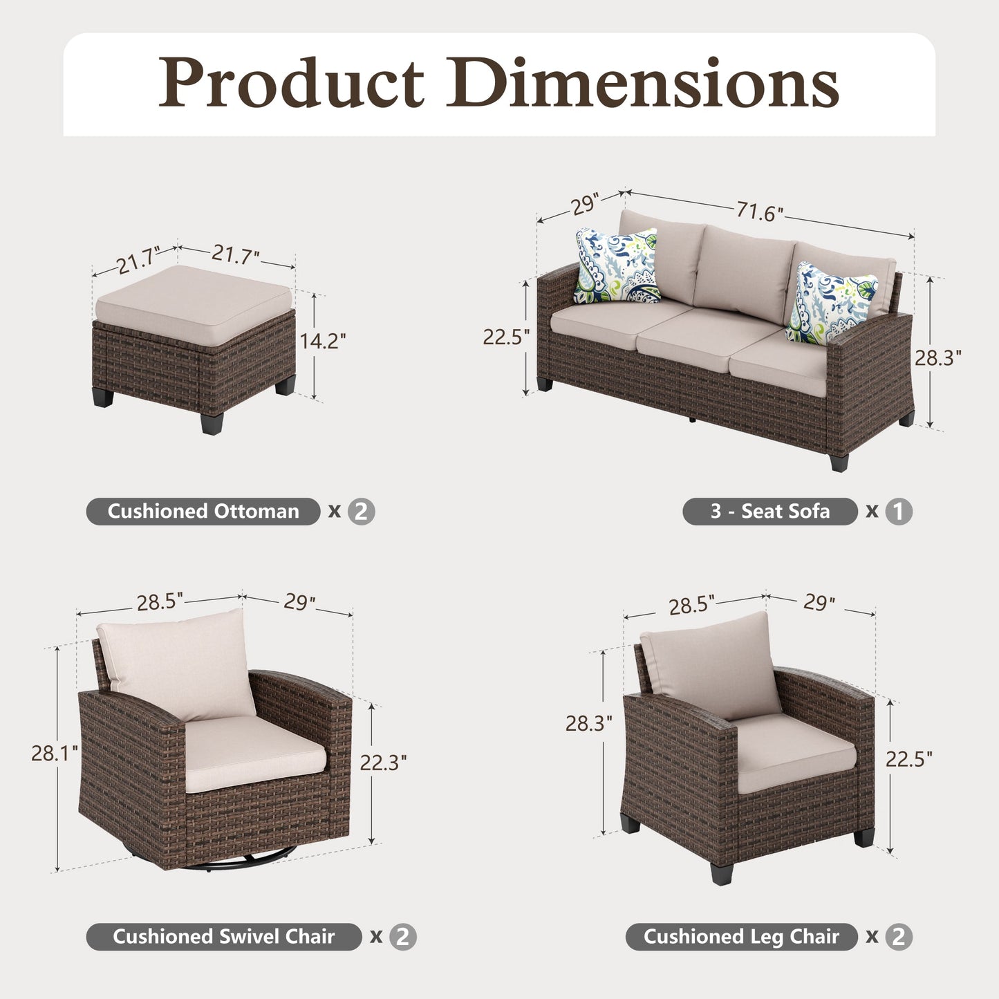 Sophia & William 7 Pieces Wicker Patio Furniture Set with Swivel Chairs 9-Seat Outdoor Conversation Set, Beige