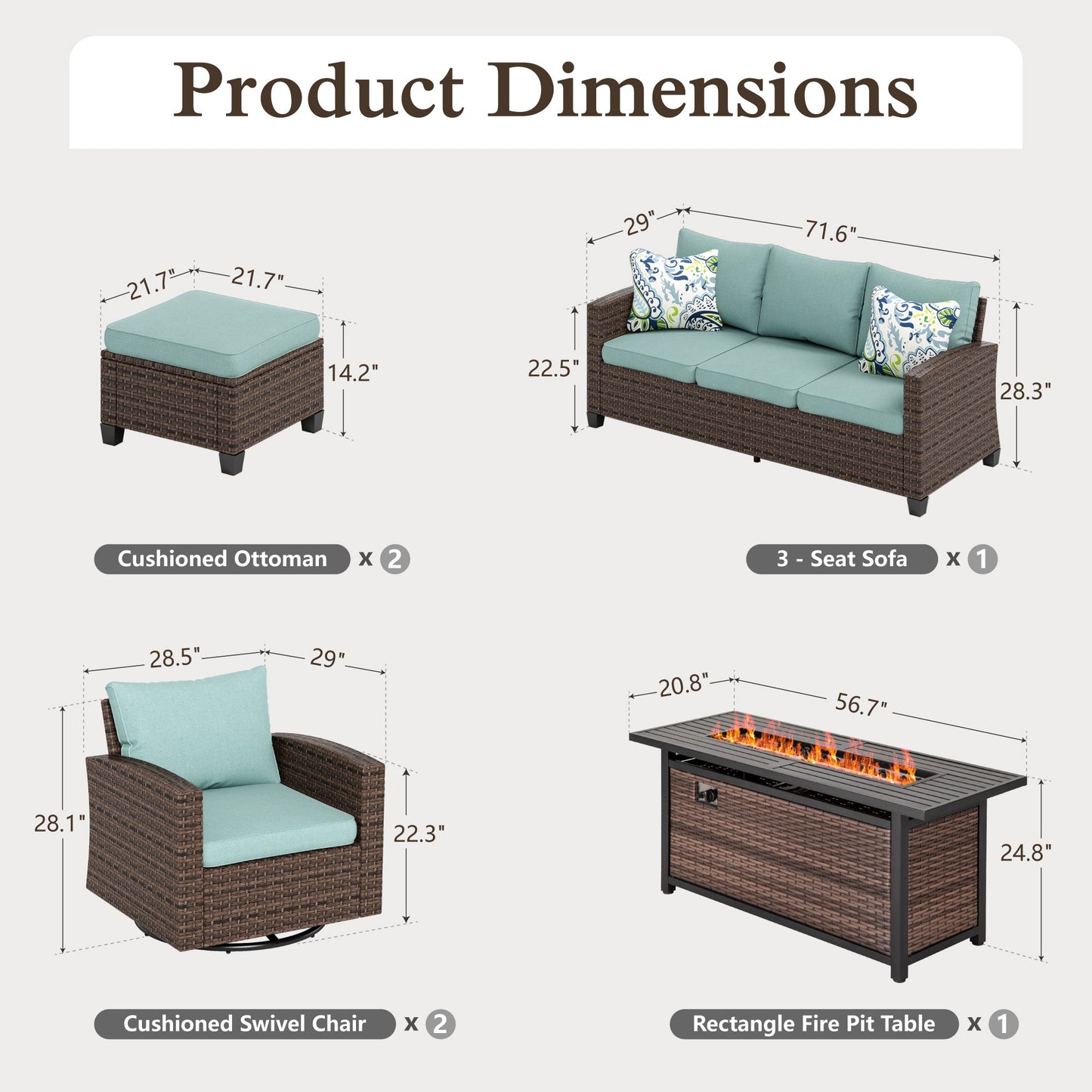 Sophia & William 6 Pieces Wicker Patio Furniture Set 7 Seats with 56¡± Fire Pit Table Includes 2 Swivel Chairs, Blue