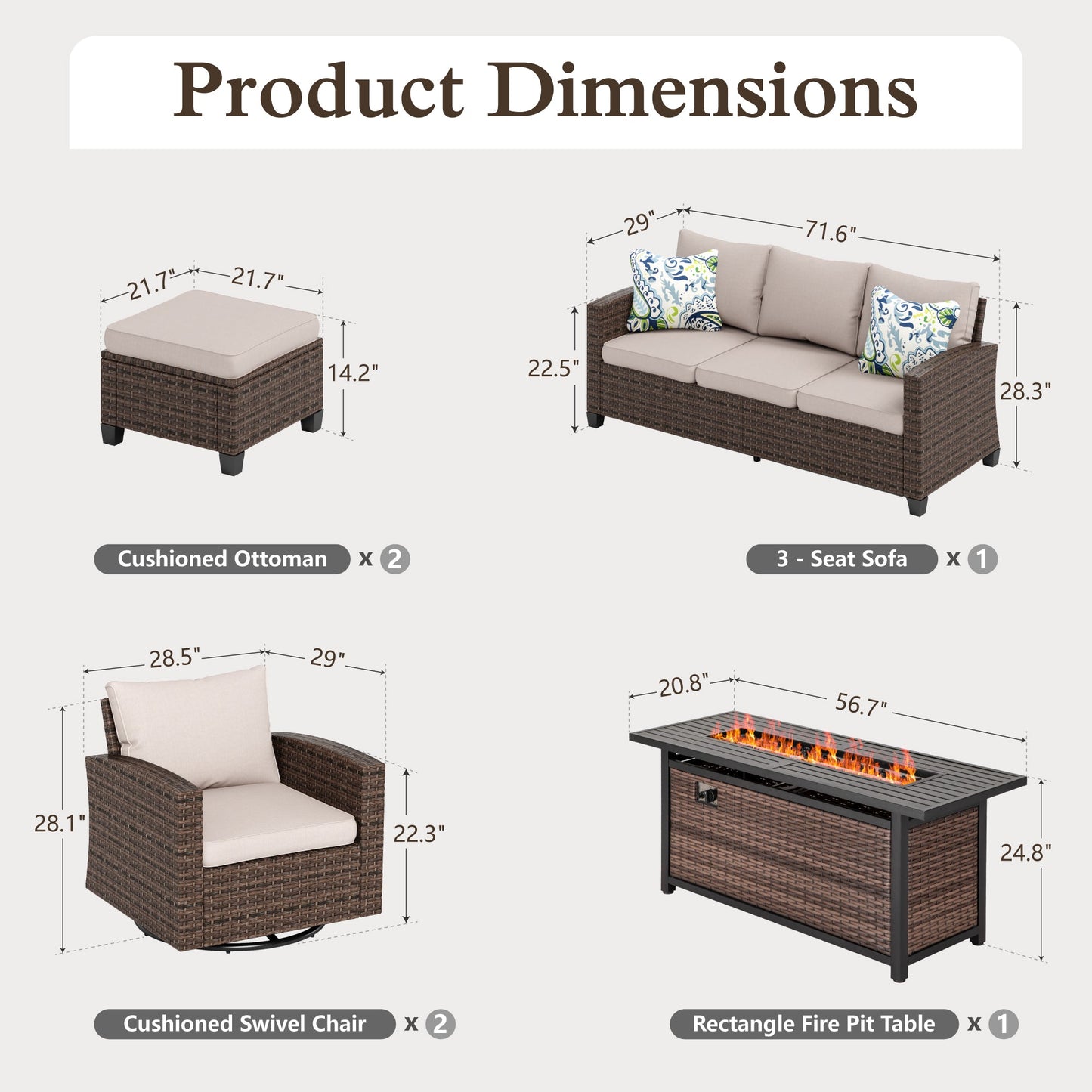 Sophia & William 6 Pieces Wicker Patio Furniture Set 7 Seats with 56¡± Fire Pit Table Includes 2 Swivel Chairs, Beige