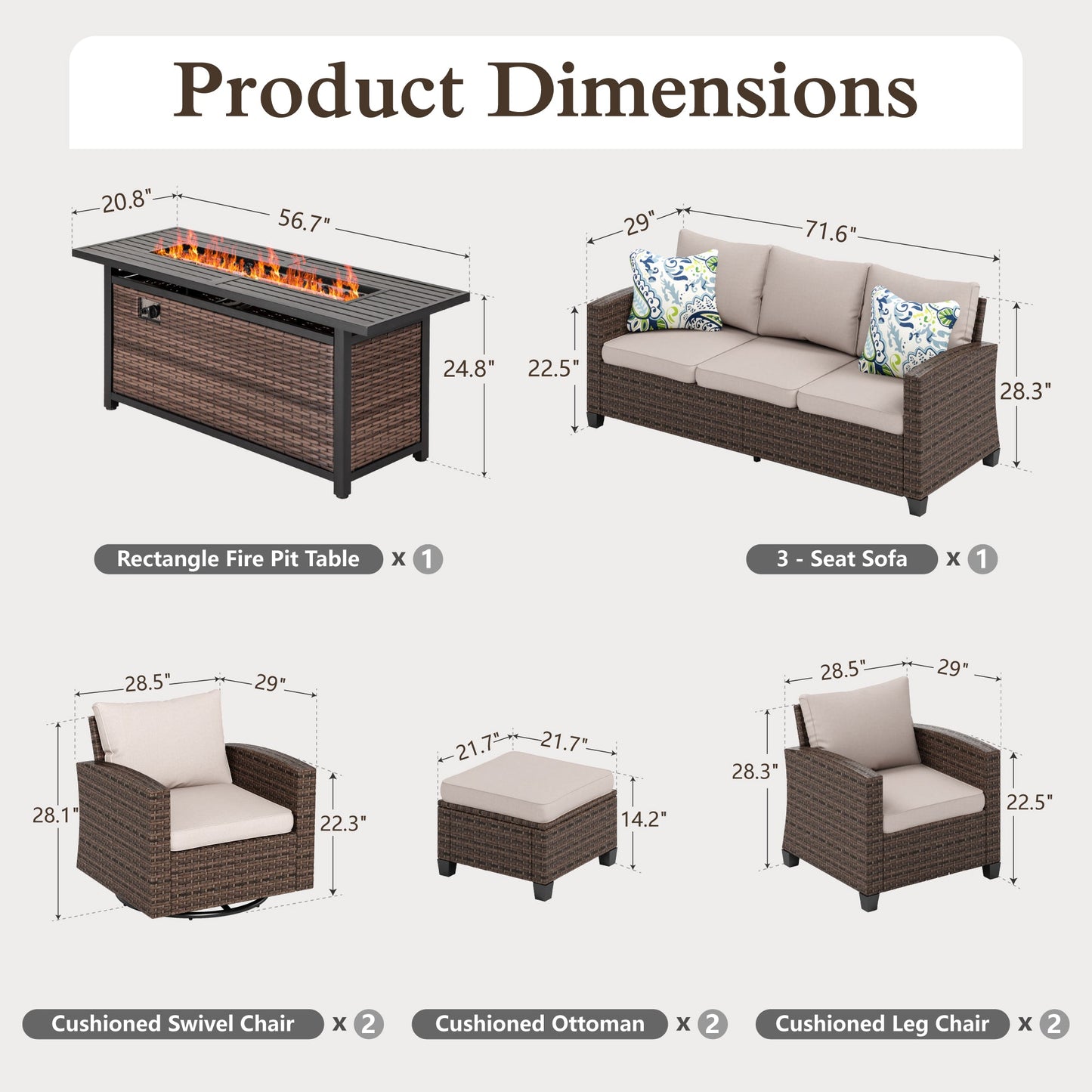 Sophia & William 8 Pieces Wicker Patio Furniture Set 9 Seats with 56¡± Fire Pit Table Includes 2 Swivel Chairs, Beige